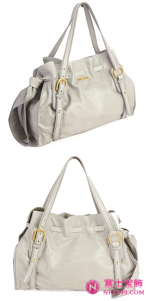 ミュウミュウ MIUMIU ショルダーバッグ 巾着デザイン リボン付き レザー ライトグレー（NUBE） RR1312 VIT.LUX